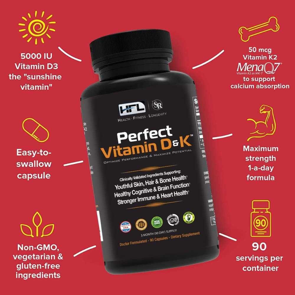 HFL Perfect Vitamin D&K by Dr. Sam Robbins | Vitamin D3 & K2 (MenaQ7® MK-7) | 3 Month Supply | 2X Absorbable | Vegan, Plant-Based, Micro-Encapsulated.