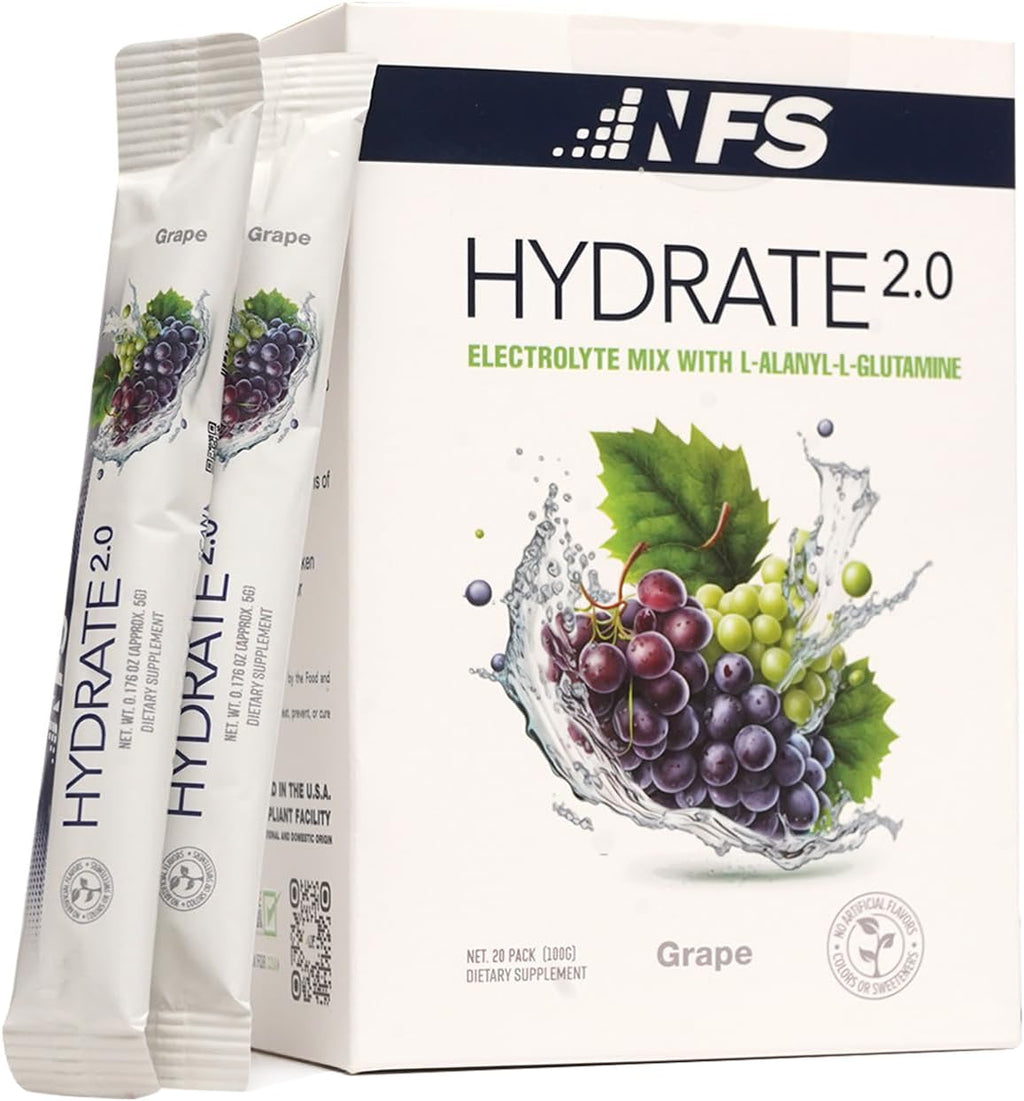 Hydrate 2.0 Electrolytes Hydration Powder Packets – Advanced Hydration & Recovery Formula with L-Alanyl-L-Glutamine | Faster Hydration & Performance Recovery | 20 Packets (Grape)