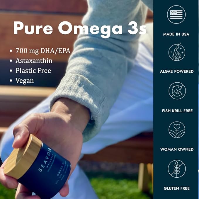 Wellness Omega 3 Algae-Based Supplement with DHA/EPA & Astaxanthin, Fish Free & Vegan with Algae Oil, Absorbable Plant Based Omega 3, Plastic Free, by Ashlan & Philippe Cousteau