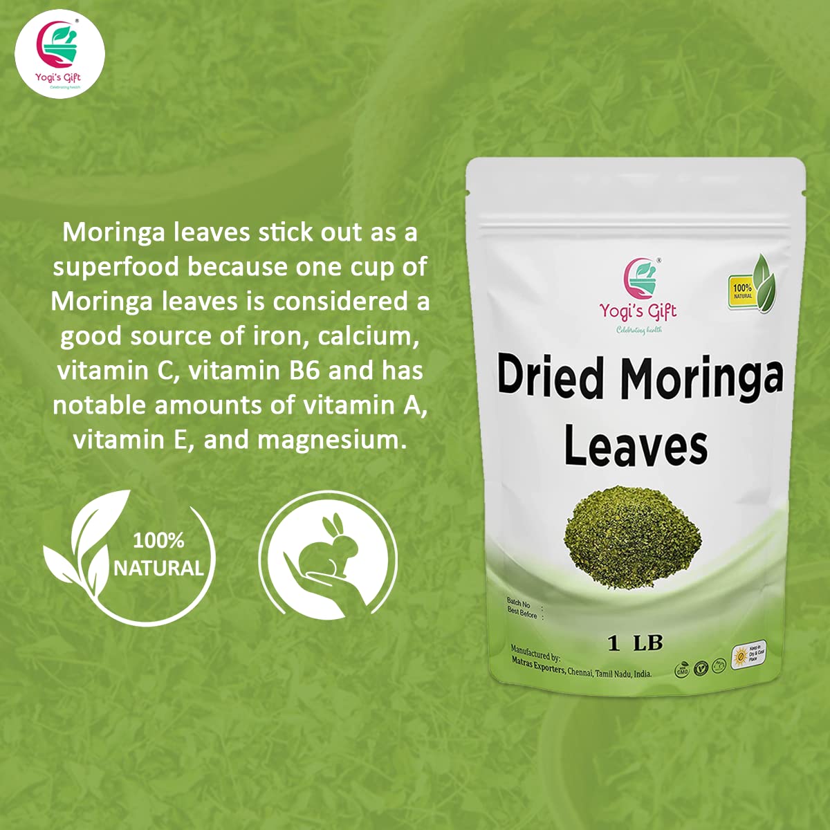 Moringa Leaves Loose 1 LB | Make tea, Springle on salad, Ground and use it | 100% natural Moringa leaf only no stems | te de moringa | by Yogi's Gift®