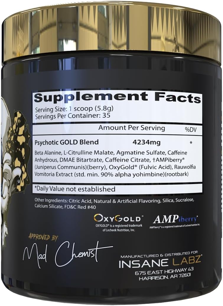 Insane Labz Psychotic Gold, High Stimulant Pre Workout Powder, Extreme Lasting Energy Focus, Pumps and Endurance with Beta Alanine, DMAE Bitartrate, NO Booster (35 Servings, Watermelon)