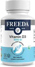 FREEDA Vitamin D3 3000 IU – High-Potency Vitamin D for Bone Strength & Immune Support – Easy-to-Swallow Tablets – 250 Tiny Tablets