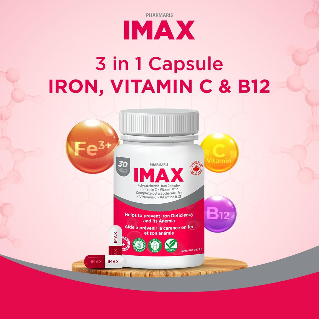 IMAX 150 mg Iron Supplement, 250 mg VIT C, 1000 mcg VIT B12, 30 Capsules, Treatment for Iron Deficiency Anemia, Once Daily Dosing