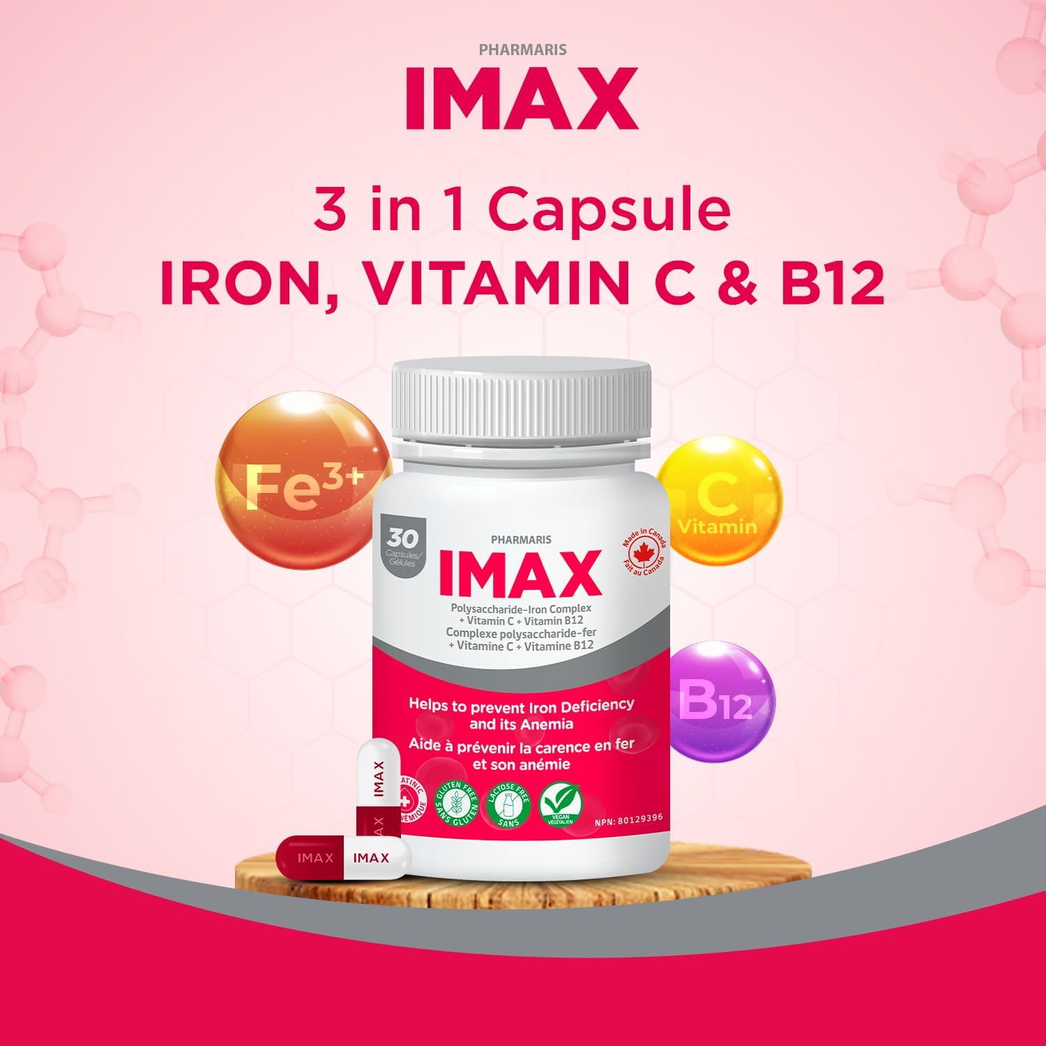 IMAX 150 mg Iron Supplement, 250 mg VIT C, 1000 mcg VIT B12, 100 Capsules, Treatment for Iron Deficiency Anemia, Once Daily Dosing