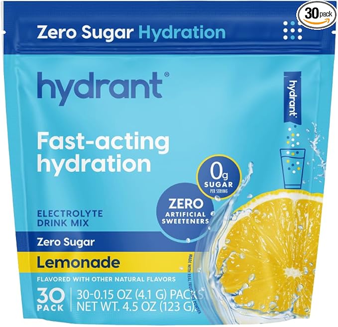 Hydrant Hydrate No Added Sugar, Individual Hydration Electrolyte Powder Stick Packets with Zero Sugar and Electrolytes for Rapid Hydration (Lemonade, 30 Count)