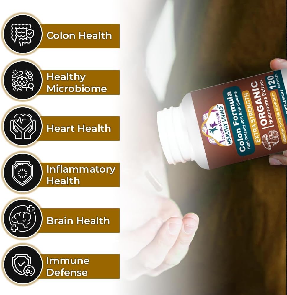 Cancer Sciences Colon Wellness Supplement, USDA Certified Organic Mushrooms Extract, Extra Strength 1,500 mg, High Potency 40% Beta-Glucans, Immune, Gut & Digestive, Colon Cleanse & Detox, 120 Caps