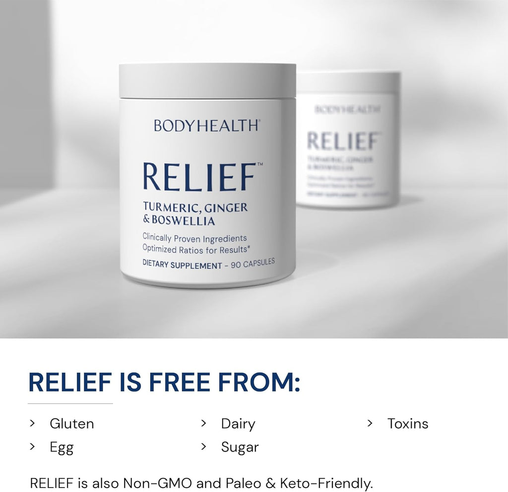 BodyHealth Inflam Relief, Joint Supplement, Relief for Back, Knees, Hands, with Turmeric, Boswellia, Ginger, All Natural, Non-GMO, Gluten Free (90 Capsules)