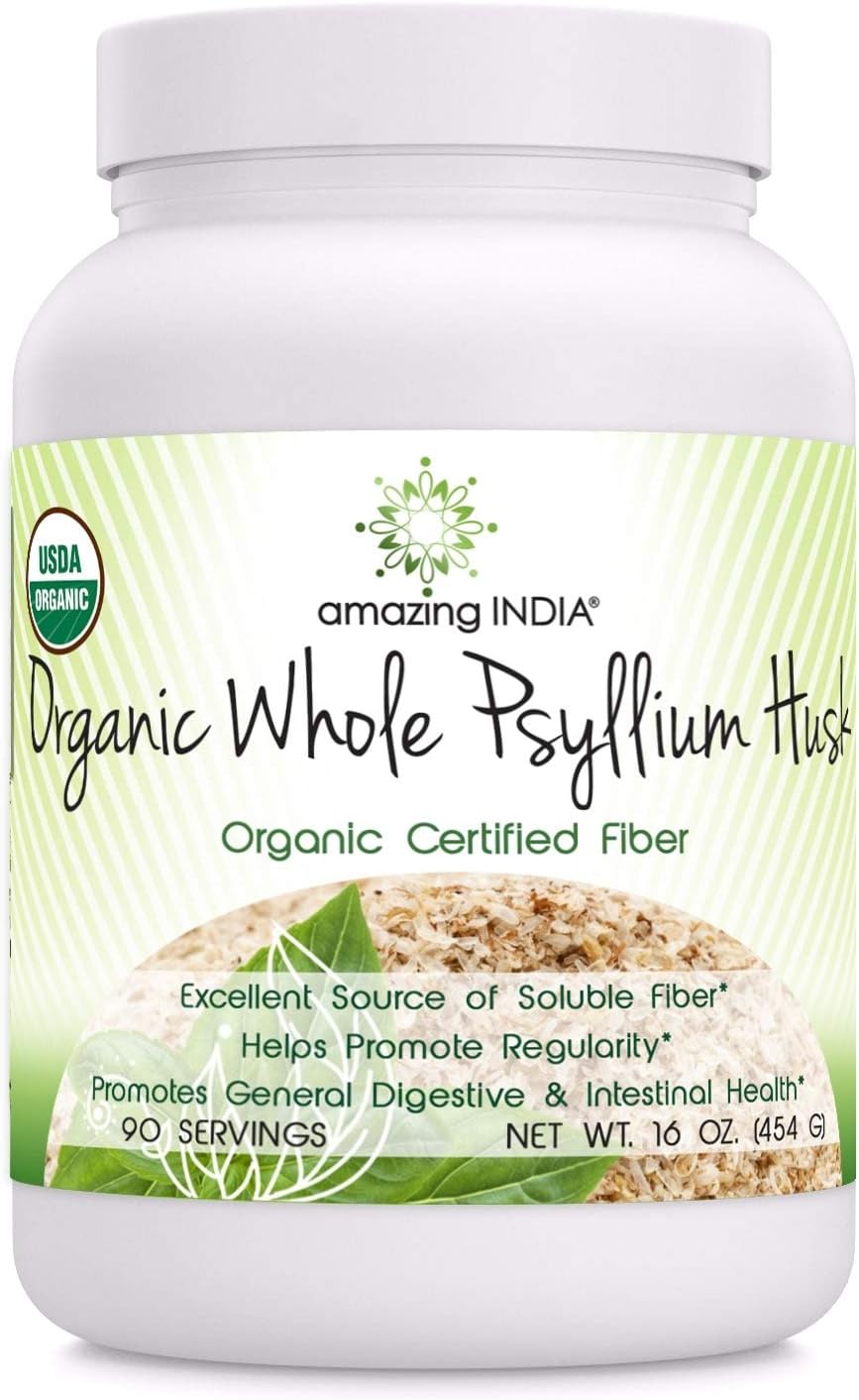 Amazing India USDA Certified Organic Whole Psyllium Husk Powder (Non-GMO) - Excellent Source of Soluble Fiber - Helps Promote Regularity - Promotes Intestinal Health (1 Lb)