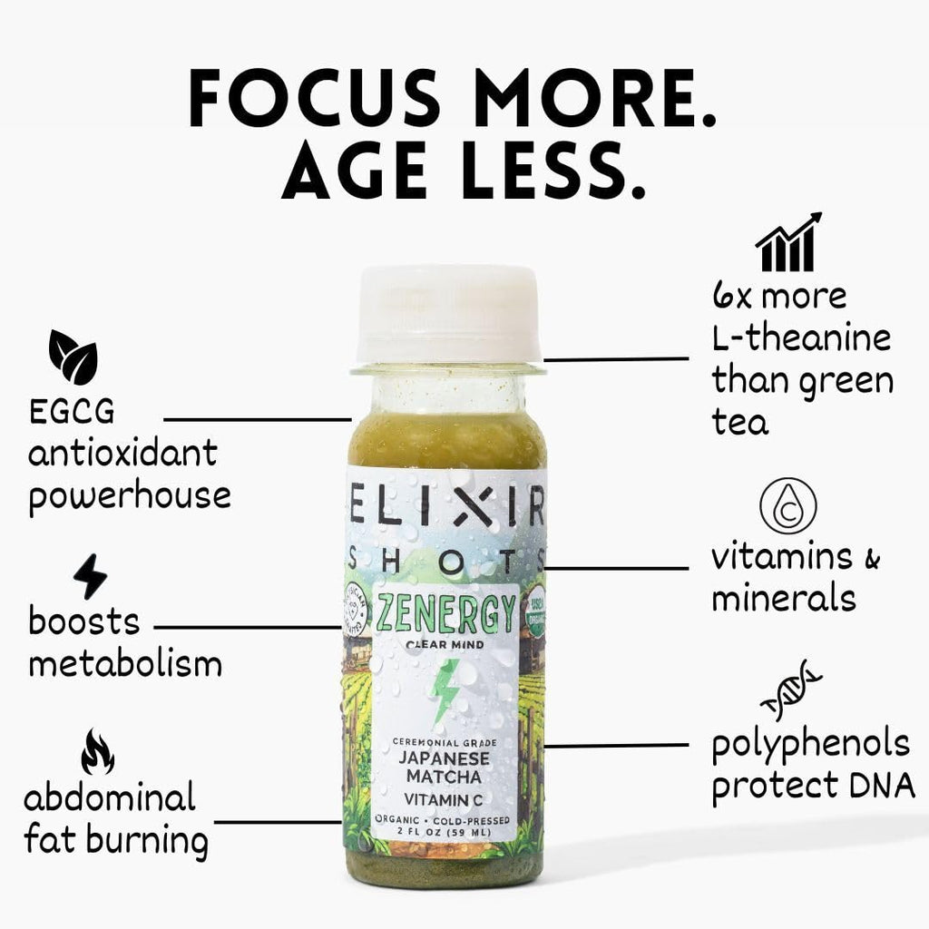 Elixir Shots Energy Wellness Shot with 100% Organic Ingredients, Matcha, Orange, Peppermint, Apple Cider Vinegar, Cold Pressed, No Added Sugars or Artificial Ingredients, 12-Pack