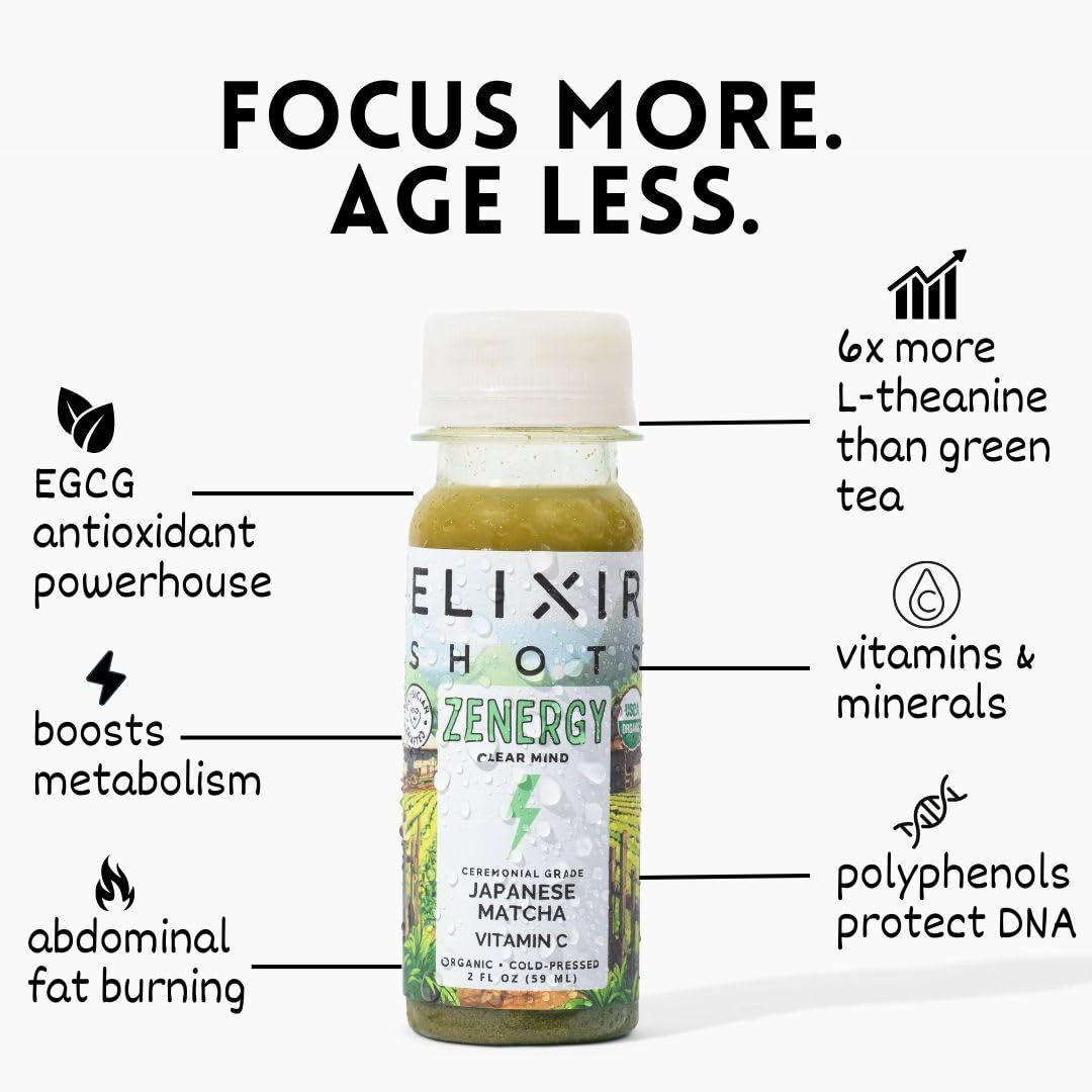 Elixir Shots Energy Wellness Shot with 100% Organic Ingredients, Matcha, Orange, Peppermint, Apple Cider Vinegar, Cold Pressed, No Added Sugars or Artificial Ingredients, 12-Pack