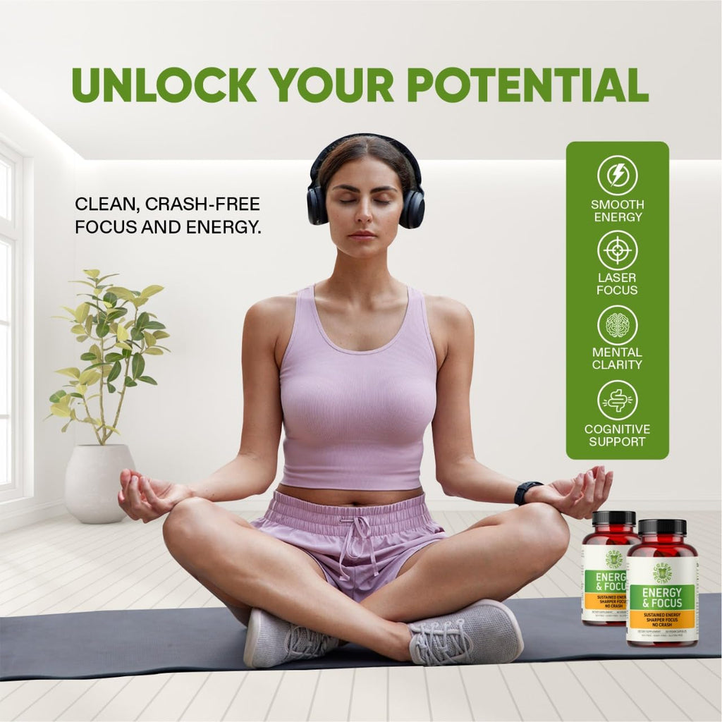 Energy & Focus Capsules - Natural Nootropic Supplement for Sustained Mental Clarity, Enhanced Concentration & Alertness - No Crash, Vegan, Non-GMO - 60 Caps