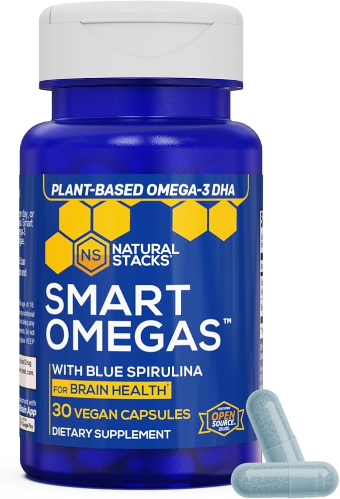 NATURAL STACKS Smart Omegas - Omega 3 Supplement w/ 200mg DHA & 200mg Blue Spirulina - Plant Based Algae Oil Omega 3 Supplement - Fish Oil Free Antioxidant Support - 30 Blue Spirulina Capsules