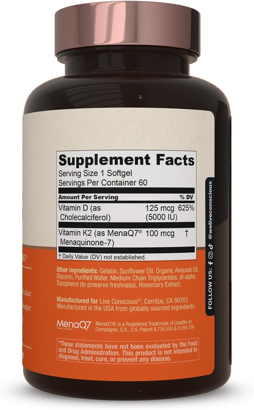 Live Conscious Vitamin K2 MK7 with D3 Supplement | Bone & Heart Health Support - Patented Vitamin K & Vitamin D3 5000 IU (2-Pack)