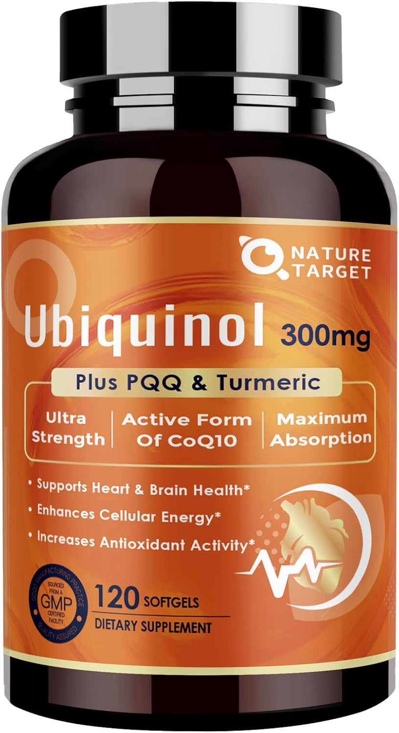 NATURE TARGET Ubiquinol CoQ10 300mg softgels with PQQ & Turmeric, High Absorption Coenzyme Q10 Supplement with ALA & Black Pepper, Antioxidant for Heart & Brain Health, Energy Production, 120 Count