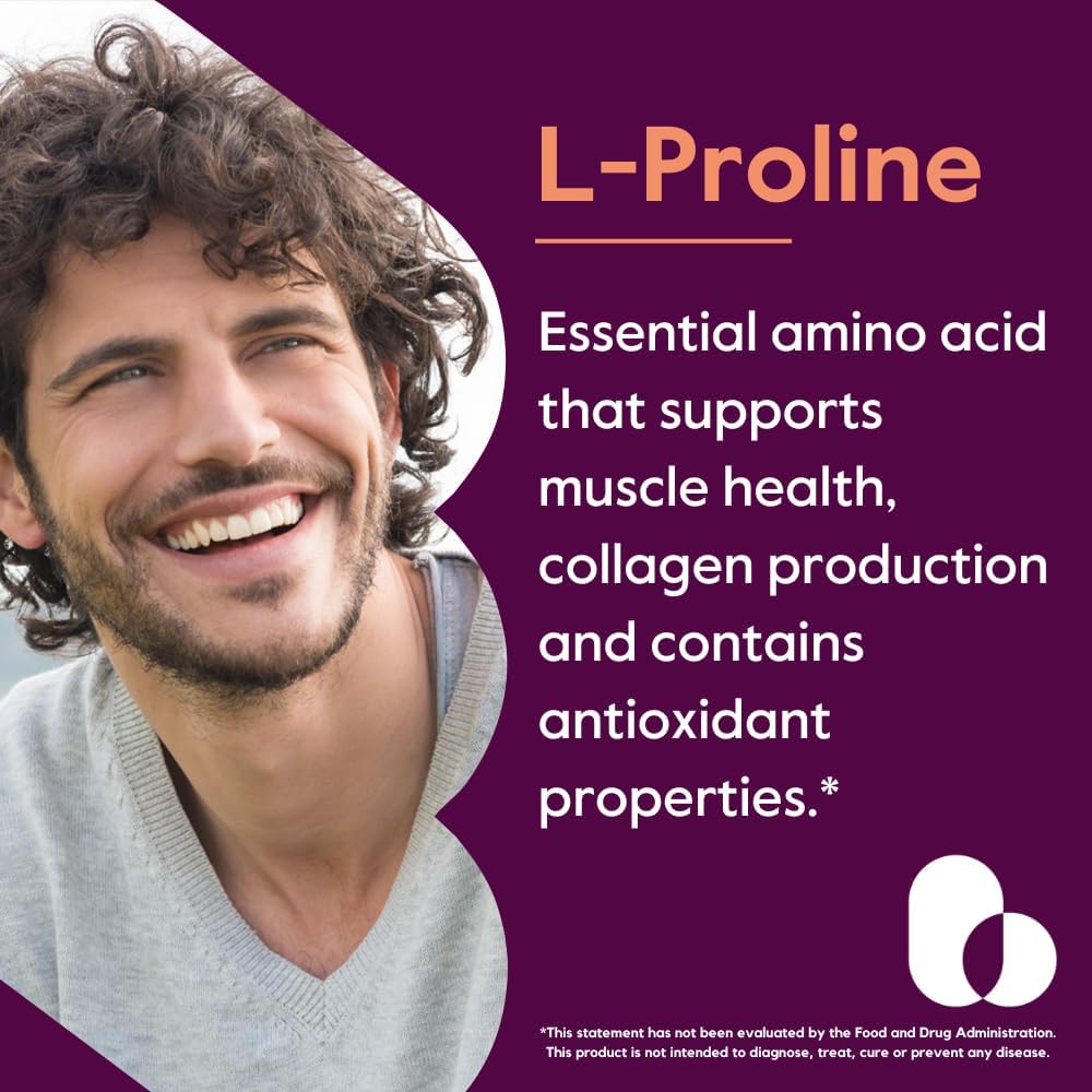 BESTVITE L-Proline 500mg (120 Vegetarian Capsules) - No Stearates - No Fillers - Vegan - Gluten Free - Non GMO