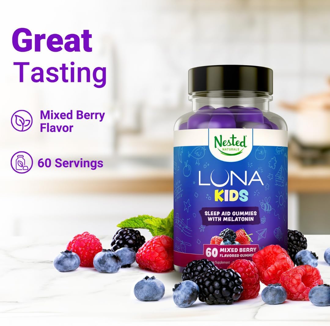 Nested Naturals Luna Kids Sleep Gummies - Non-Habit Forming Kids Melatonin Gummy with Valerian Root, Chamomile, and Lemon Balm - Children's Melatonin Sleep Aid - Mixed Berry, 60 Vegan Gummies