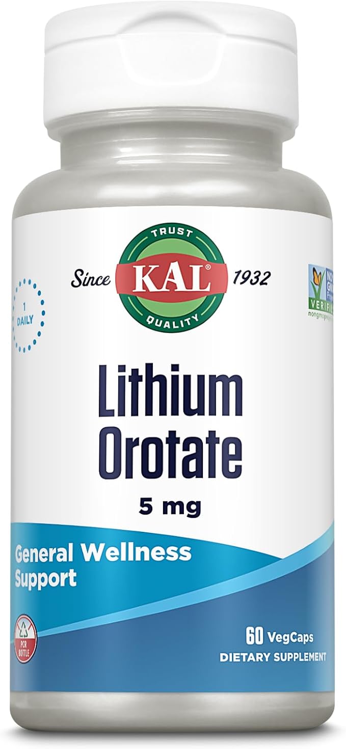 KAL Lithium Orotate 5mg | Low Serving of Chelated Lithium Orotate for Bioavailability & Mood Support | in Organic Rice Bran Extract Base | 60 VegCaps