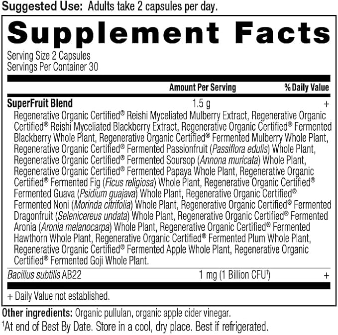 Ancient Nutrition Regenerative Organic Certified SuperFruits Capsules, Supports Gut and Immune System Health, Made with Probiotics, Dragonfruit, Mulberry, and Goji, 60 Count