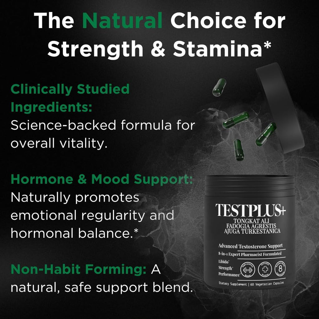 TESTPLUS+ 8-in-1 Testosterone Supplement for Men, 10X Strength Testosterone Booster, Libido Booster & Muscle Builder for Men, Tongkat Ali, Fadogia Agrestis, Turkestanica, Ashwagandha, Tribulus