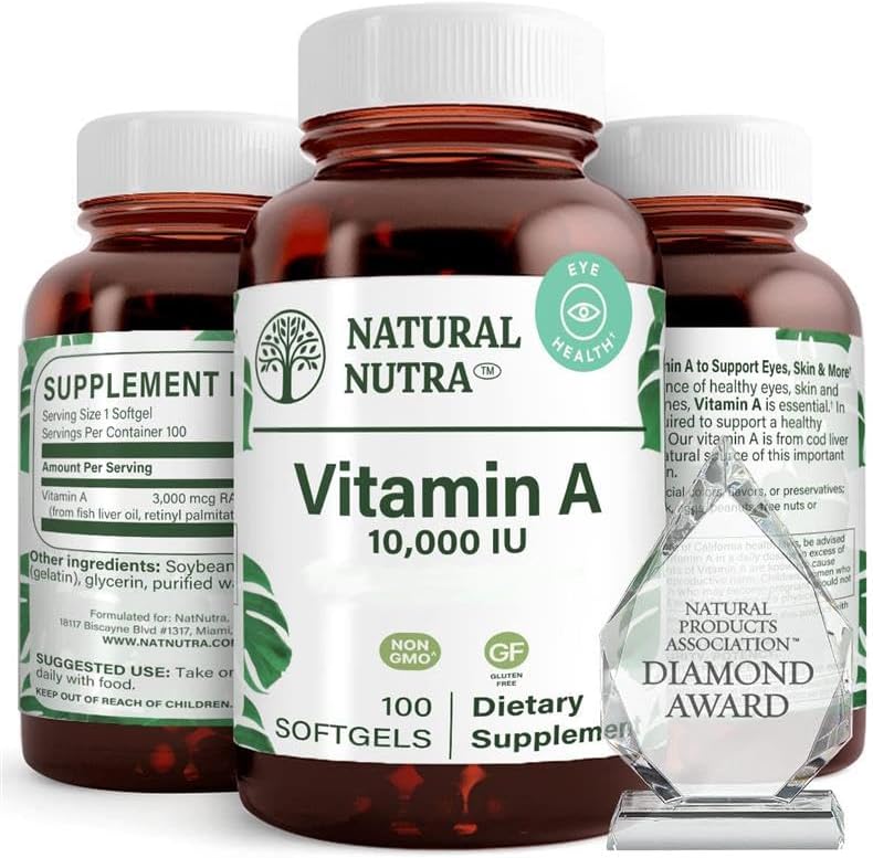 Natural Nutra Vitamin A 10,000 IU Softgels – High Potency Eye and Skin Vitamins – Gluten-Free - Supplement for Sight & Skin Health – Fish Liver Oil for Men and Women, Gluten Free 100 Softgels (3 Pack)