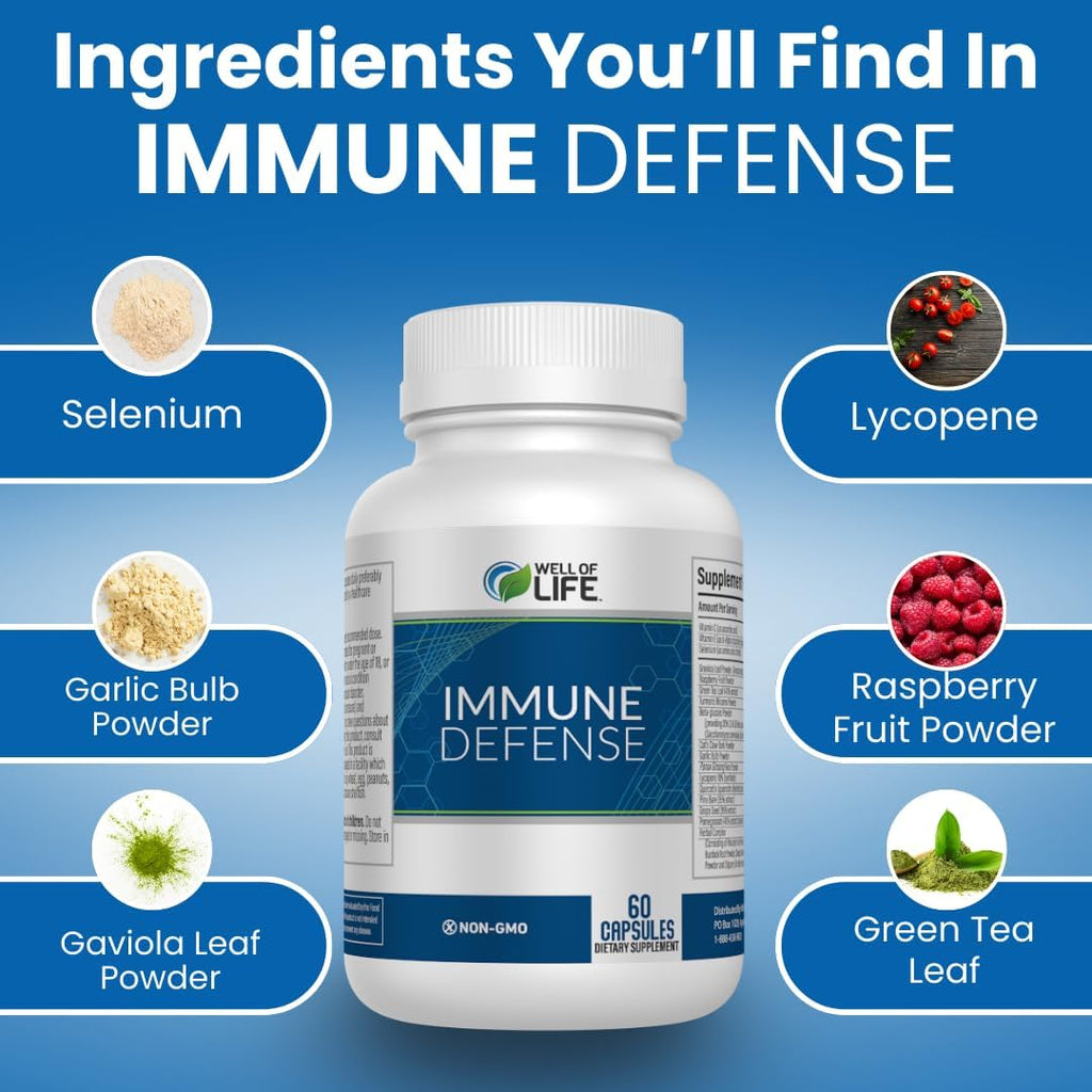 Immune Defense 600mg | 60 Veg Capsules. Enhance Immune Health with a Potent Blend of Graviola Leaf, Raspberry Fruit, Green Tea, Turmeric, Garlic. Boost Your Well-Being Naturally.