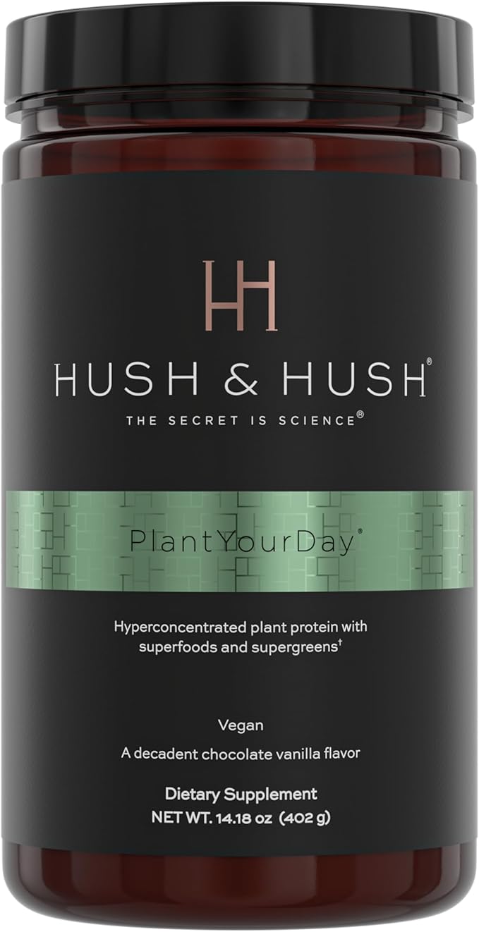 Hush & Hush PlantYourDay, Vegan Super Greens with Pea Protein Powder Contains Broccoli, Fiber, Magnesium, Folic Acid, Cinnamon, Psyllium Husk Powder, Prebiotics and Probiotics, Gluten Free - 14.18 oz