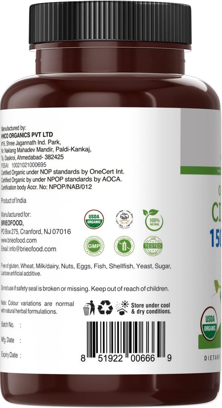 Brieofood Organic Cissus Quadrangularis 1500mg, 45 Servings, Vegetarian, Gluten Free, 90 Vegetarian Tablets