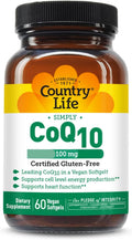 Country Life Simply CoQ10 100mg – Heart Function & Cellular Energy Support Supplement, Pure Coenzyme Q10 for Antioxidant & Cardiovascular Health, Certified Gluten Free & Vegan, 60 Softgels