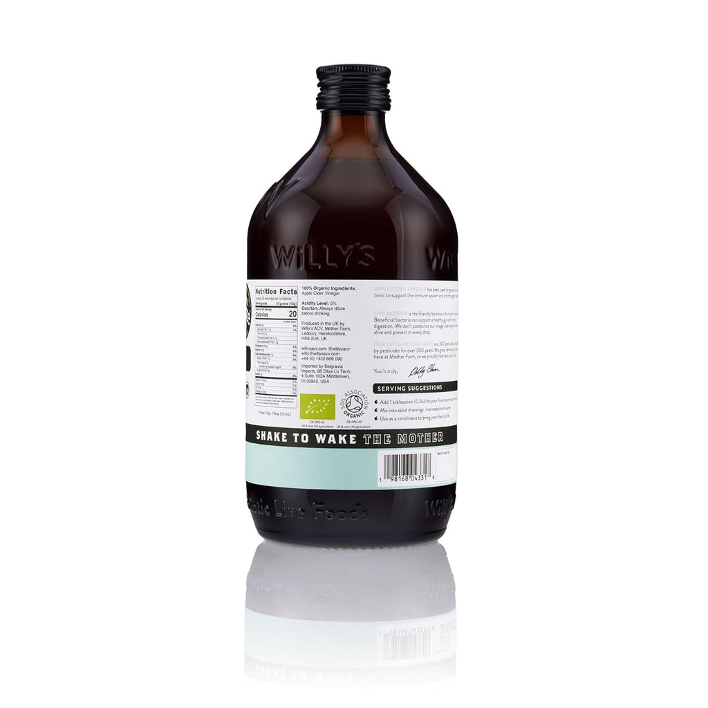 Willy's Organic ACV Apple Cider Vinegar with Mother - Probiotocs for Detox and Gut Health. 16.9oz Glass Bottle