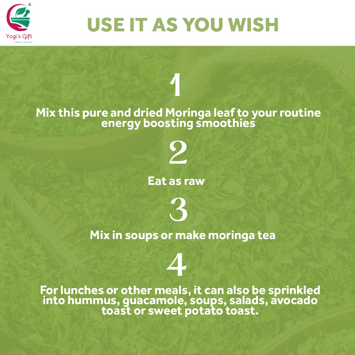 Moringa Leaves Loose 1 LB | Make tea, Springle on salad, Ground and use it | 100% natural Moringa leaf only no stems | te de moringa | by Yogi's Gift®