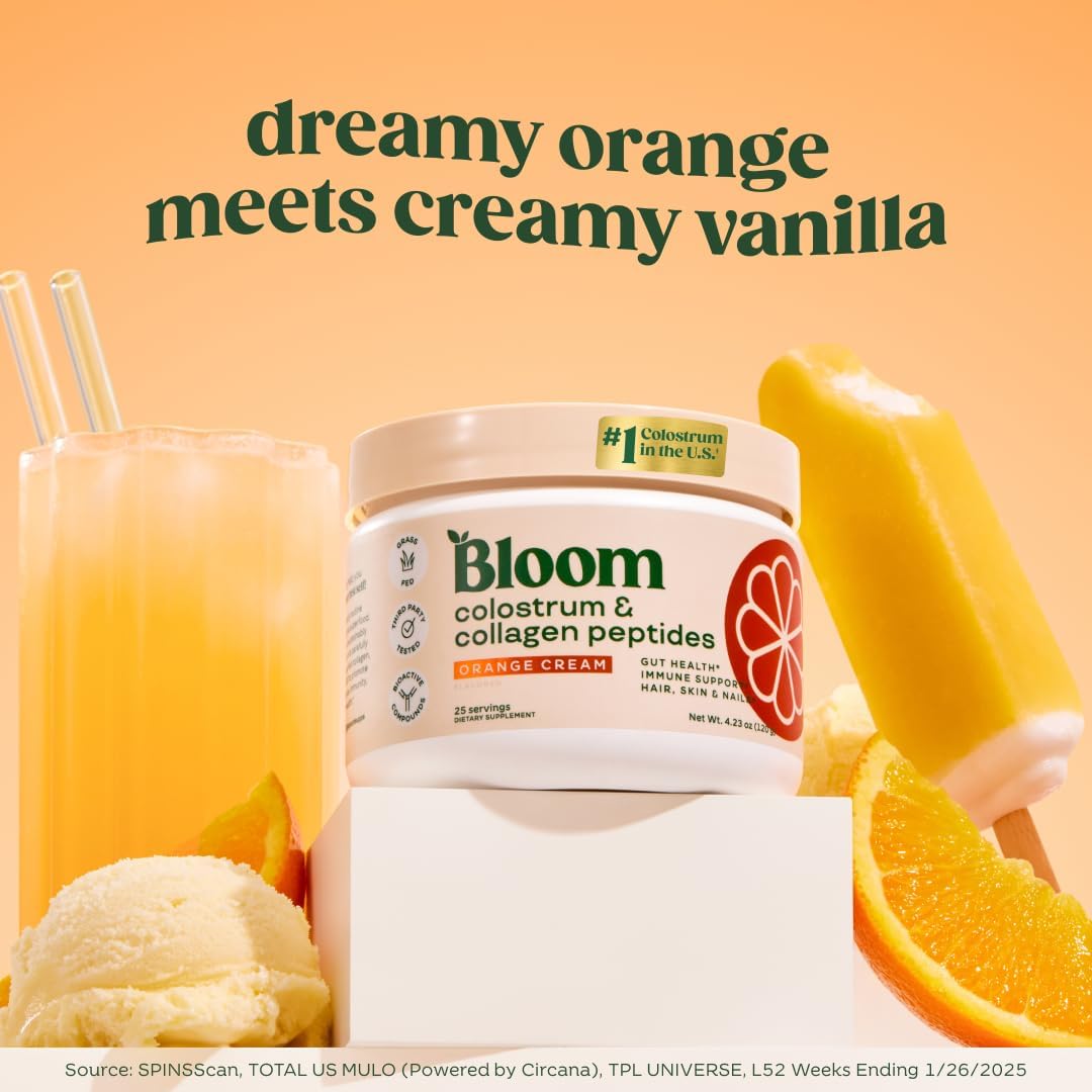 Bloom Nutrition Bovine Colostrum Powder with Vitamin B-12 for Gut Health, Immune Support, Hair Growth & Beauty Supplement | Orange Cream, 25 Servings