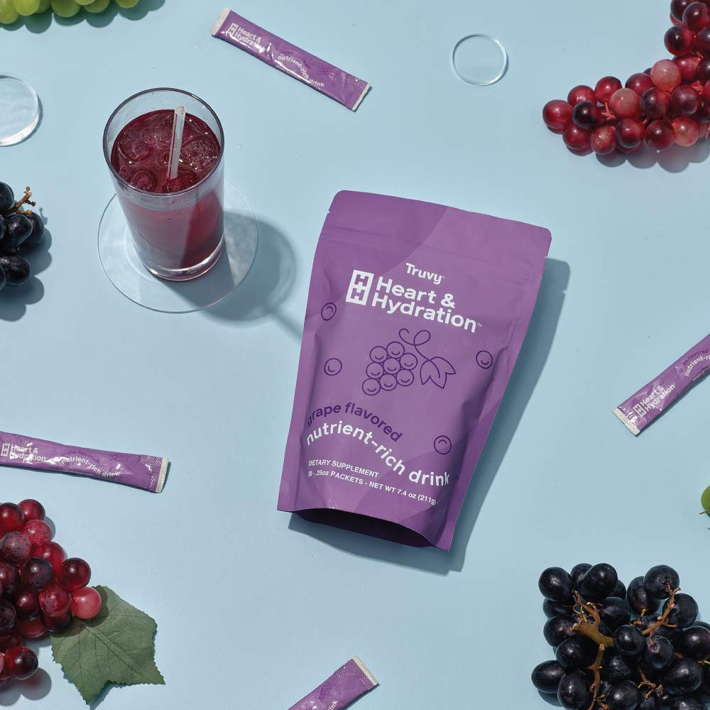 Truvy Heart & Hydration - Grape | 30 Stick Packs | Sugar-Free Super Drink Mix | Supports Hydration, Energy, and Heart Health | Infused with Electrolytes, CoQ10, Ginseng