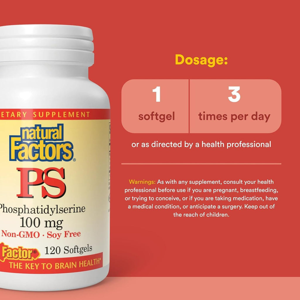 Natural Factors, Phosphatidylserine, Support for Memory, Concentration and Brain Functions, Soy and Gluten Free, 120 Softgels