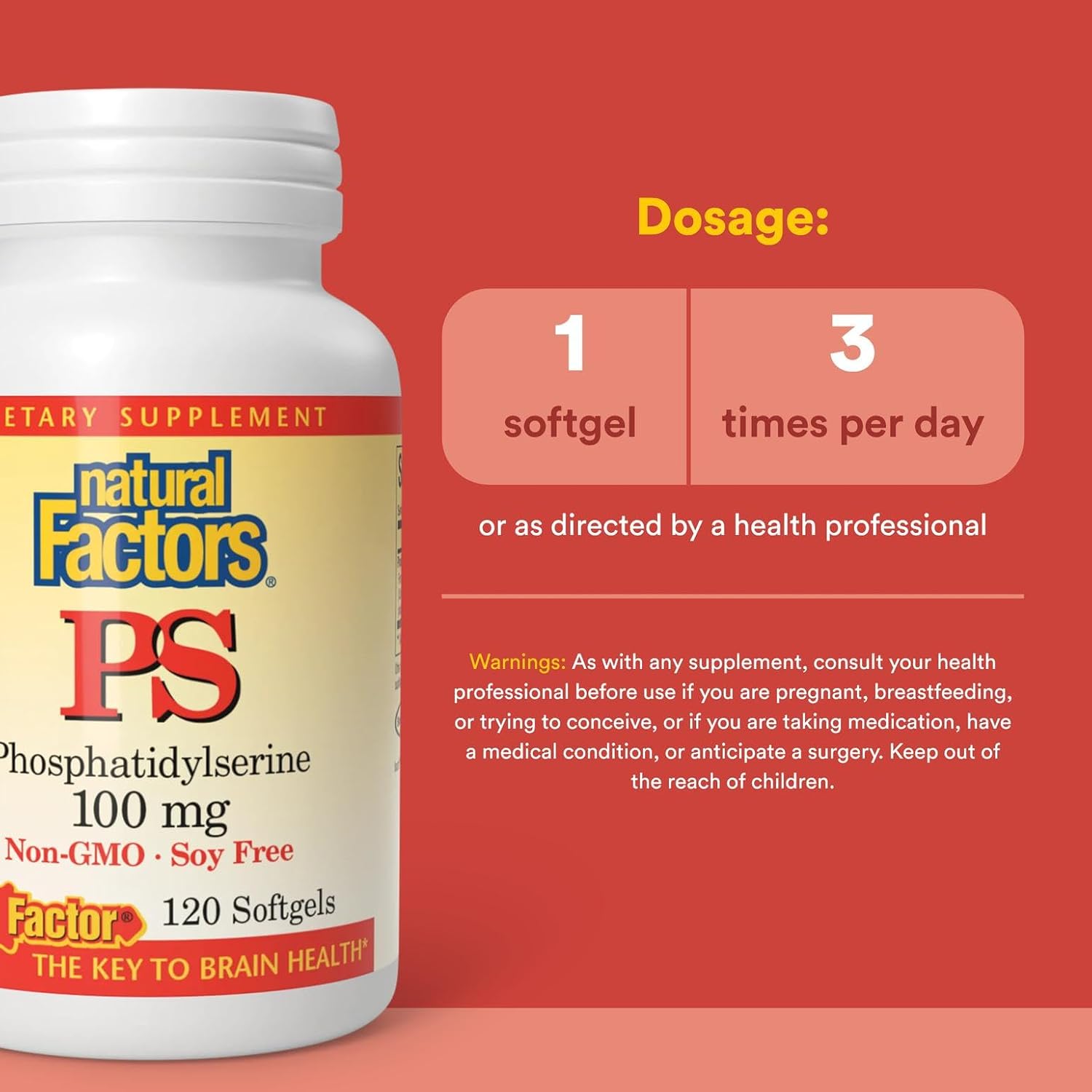Natural Factors, Phosphatidylserine, Support for Memory, Concentration and Brain Functions, Soy and Gluten Free, 120 Softgels