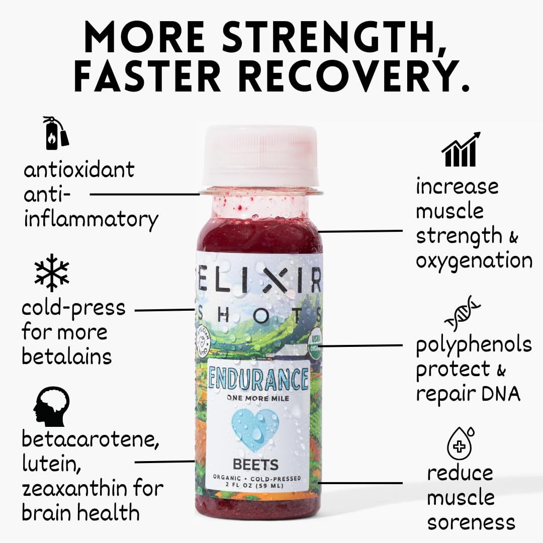 Elixir Shots, Endurance & Wellness Shot with Cold-Pressed 100% Organic Ingredients, Beet, Carrot, Celery, Lemon, No Added Sugars or Artificial Ingredients, 12 Pack