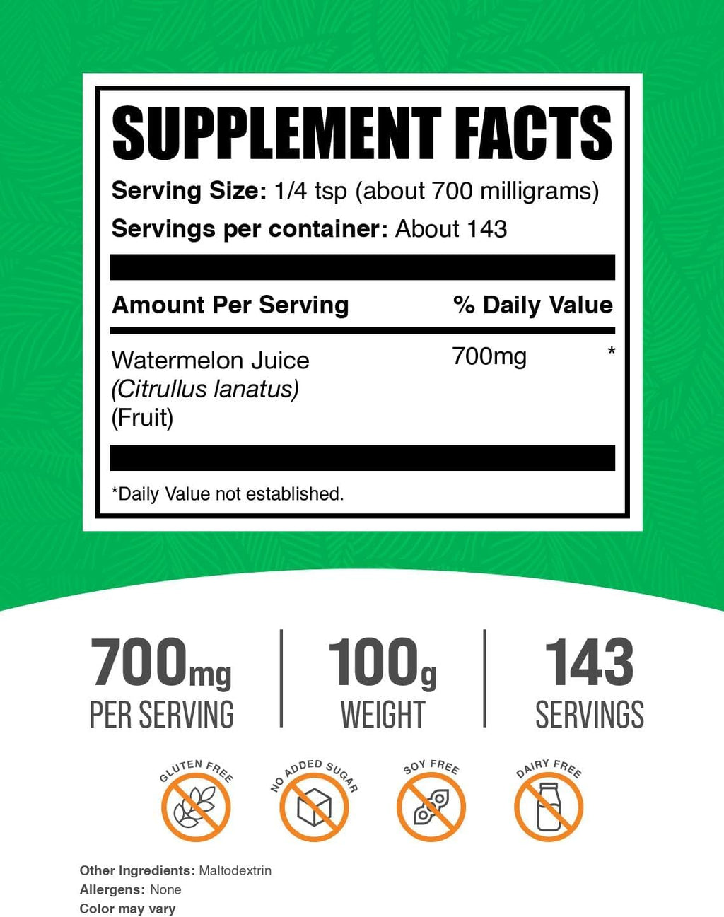 BulkSupplements.com Watermelon Juice Powder - from Watermelon Fruit, Fruit Powder, Hydation Supplement - 700mg per Serving, 100g (3.5 oz) (Pack of 1)