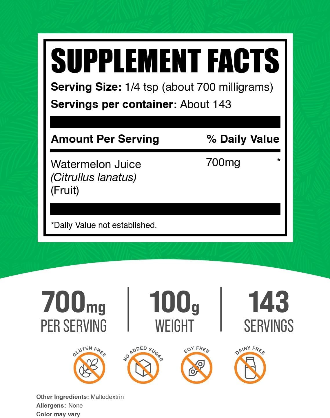 BulkSupplements.com Watermelon Juice Powder - from Watermelon Fruit, Fruit Powder, Hydation Supplement - 700mg per Serving, 100g (3.5 oz) (Pack of 1)