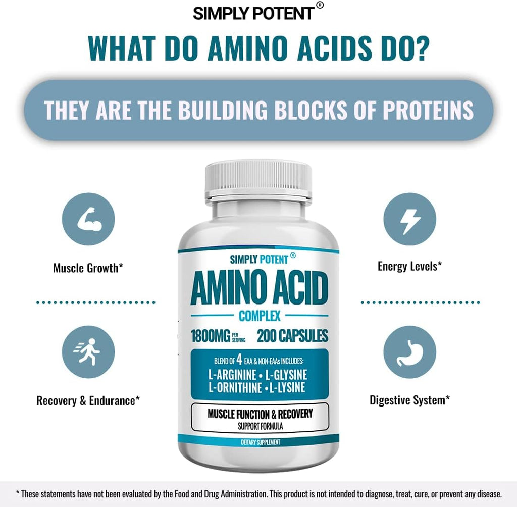 Simply Potent Amino Acid Complex 1800mg 200 Capsules, Blend of 4 Essential and Non Essential Amino Acids, Includes L-Arginine 550mg, L-Ornithine 500mg, L-Glysine 400mg & L-Lysine 350mg for Muscle