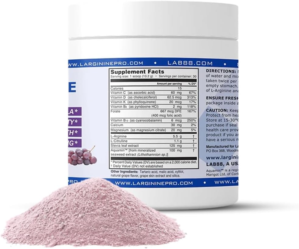 L-ARGININE PRO | 5,500mg L-Arginine Plus L-Citrulline 1,100mg Grape Powder Drink Mix Supplement for Increased Nitric Oxide Production