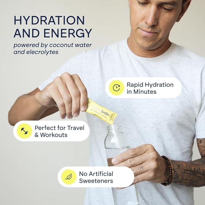Belle HydroBelle Electrolyte Powder Drink Mix, Lemon Lime, Sugar Free Hydration Packets Made with Coconut Water and Electrolytes, Vegan, Keto, and Dairy Free, Travel Friendly, 32 Count