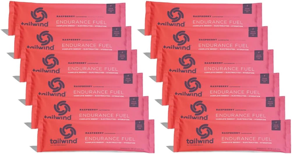 Tailwind Nutrition Endurance Fuel, Caffeine Drink Powder Mix Single Serving with Electrolytes, Non-GMO, Free of Soy, Dairy, and Gluten, Vegan-Friendly, Raspberry Buzz, Pack of 12