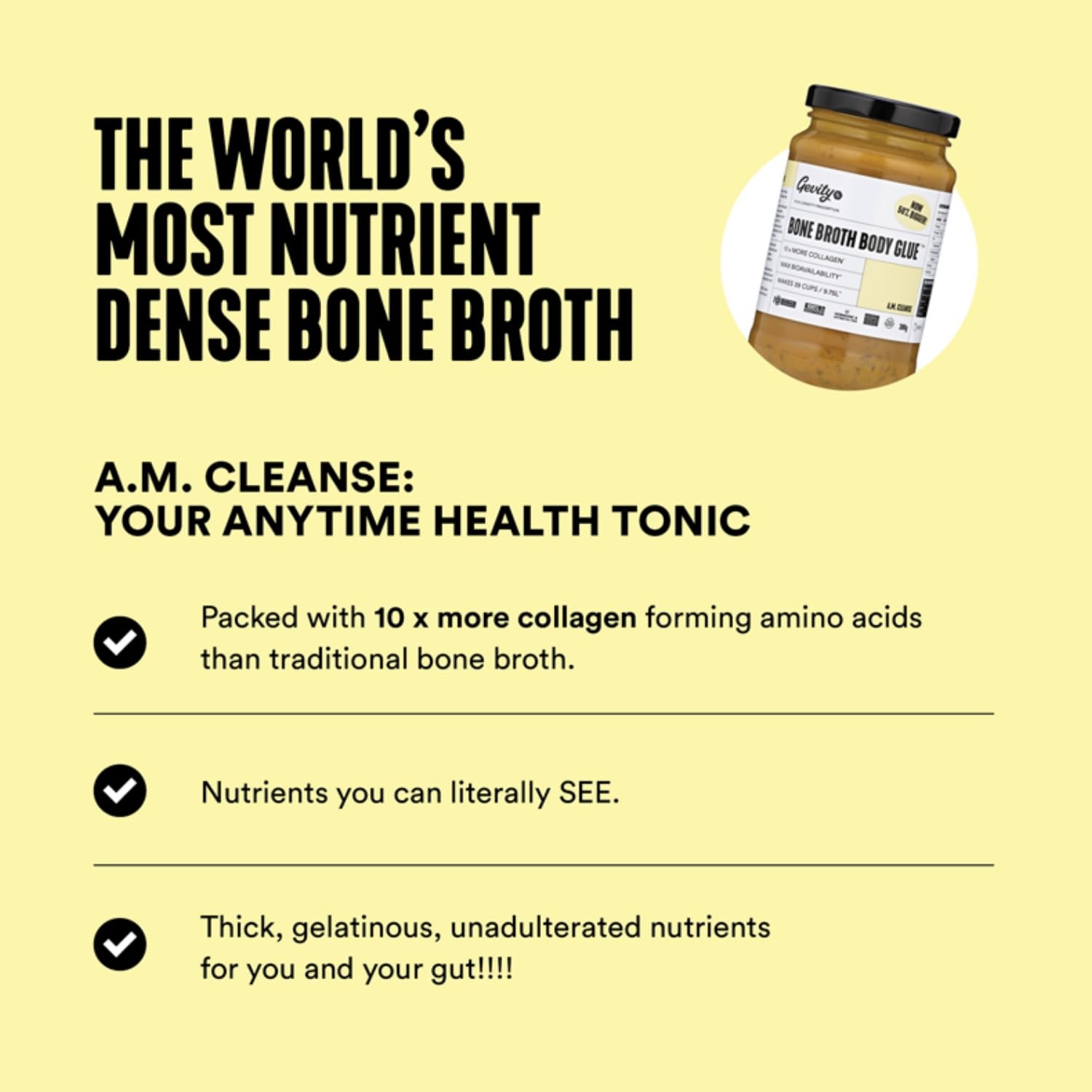 Gevity Rx Bone Broth Body Glue™- Bone Broth - Concentrate - 10x more collagen* - Sip, Cook, Create - 100% Grass Fed Beef (13.75 Ounce, A.M Cleanse)