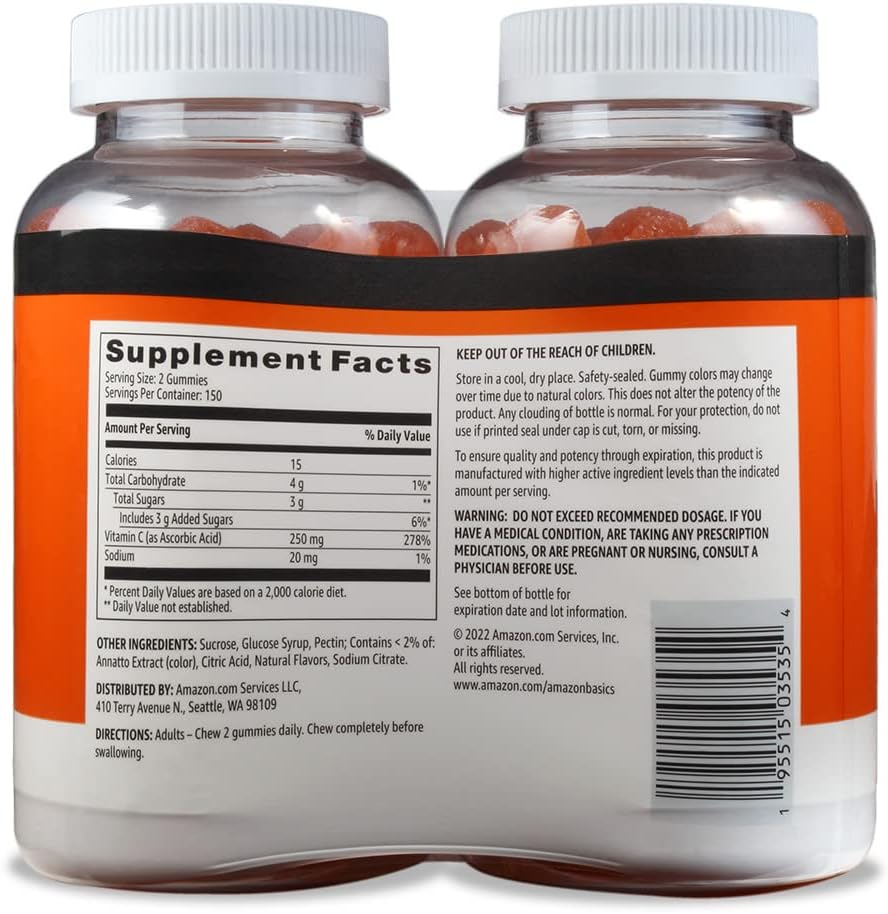 Amazon Basics - Vitamin C, 250 mg Gummies, Orange, 300 Count (2 Packs of 150), 2 per Serving (Previously Solimo)