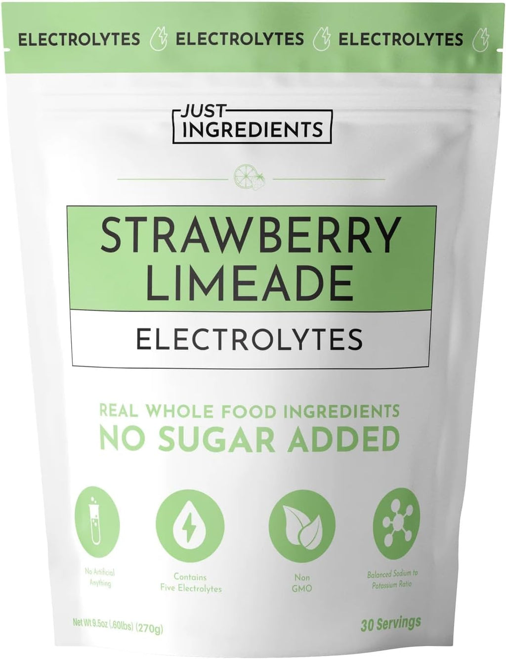 JUST INGREDIENTS Strawberry Limeade Electrolytes – 30 Serving Bag – Hydration Drink Mix with Essential Minerals – Remineralizing Formula – No Sugar Added – Supports Energy – Vegan, Non-GMO