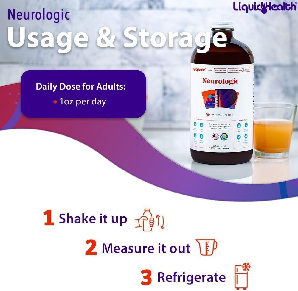 LIQUIDHEALTH Neurologic Focus Supplement - Brain Booster Nootropic Supplement for Cognitive Function, Memory & Focus with Ginkgo Biloba, Choline, L-Theanine & Phosphatidylserine - USA Made (3 Pack)