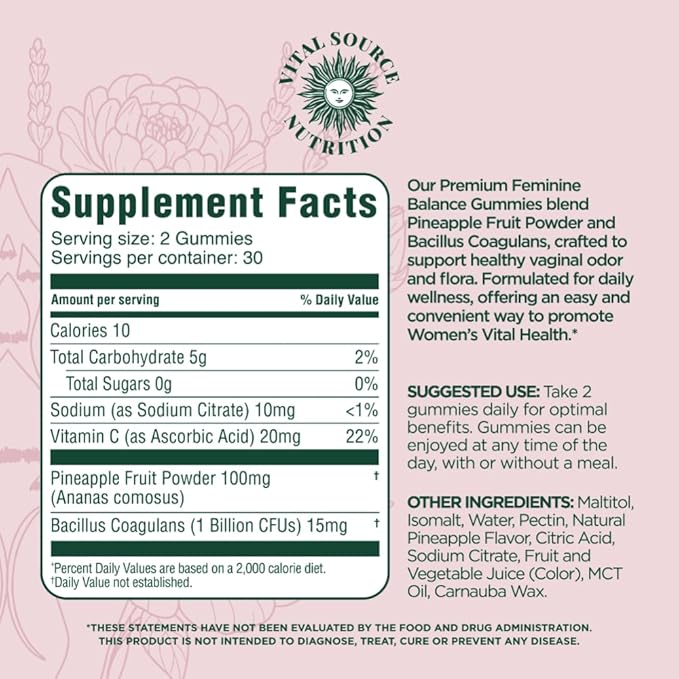 Vital Source Nutrition - Premium Feminine Balance Gummies - for Women’s Health & Wellness - Immune Support - Vegan, Gluten-Free - Hawaiian Pineapple - 60 Gummies - 30 Servings