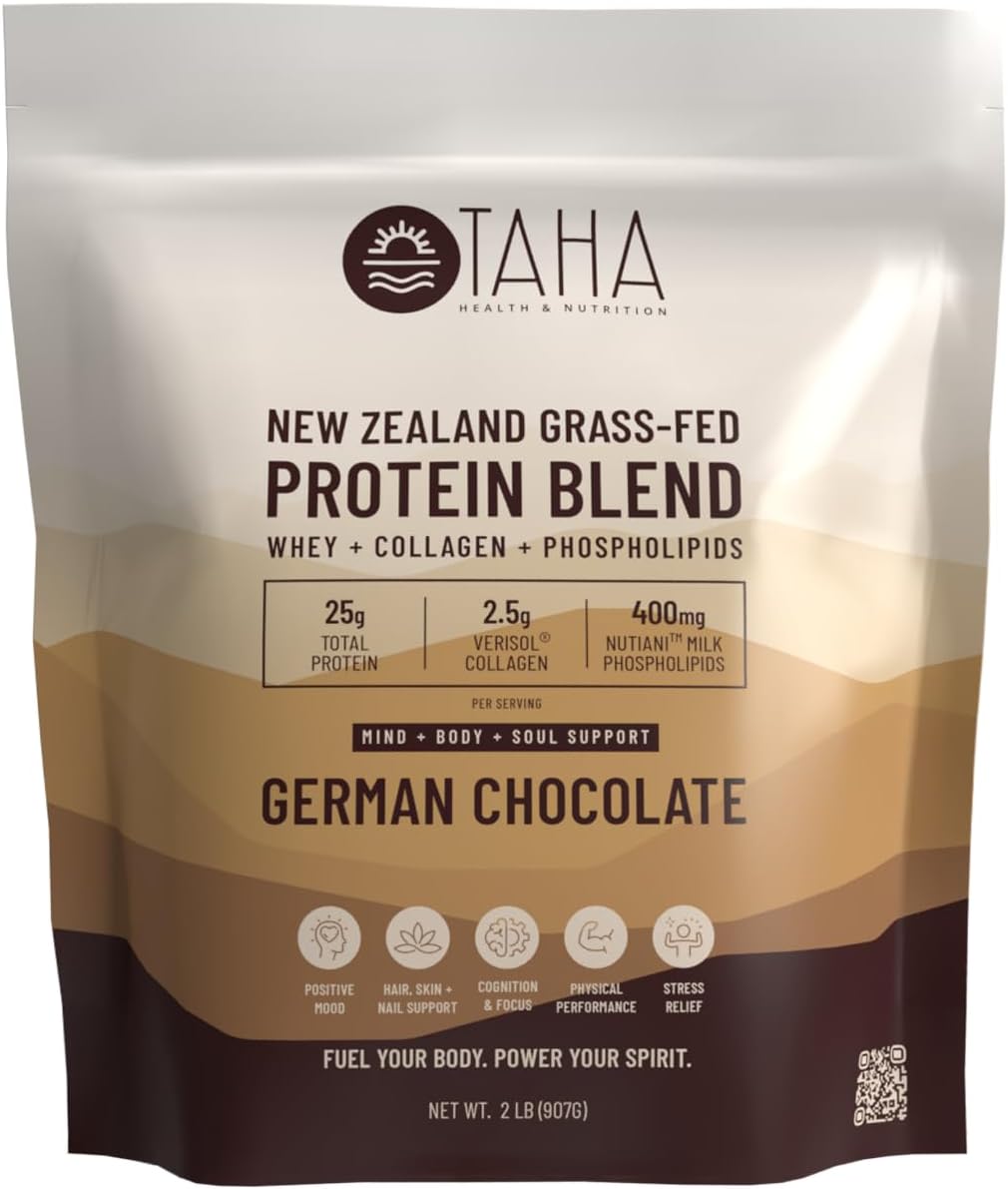 Taha Health & Nutrition Mind + Body Protein Blend – German Chocolate | 25g Protein from Whey & Collagen + 400mg Milk Phospholipids | Grass-Fed, Free-Range New Zealand Dairy | 2LB