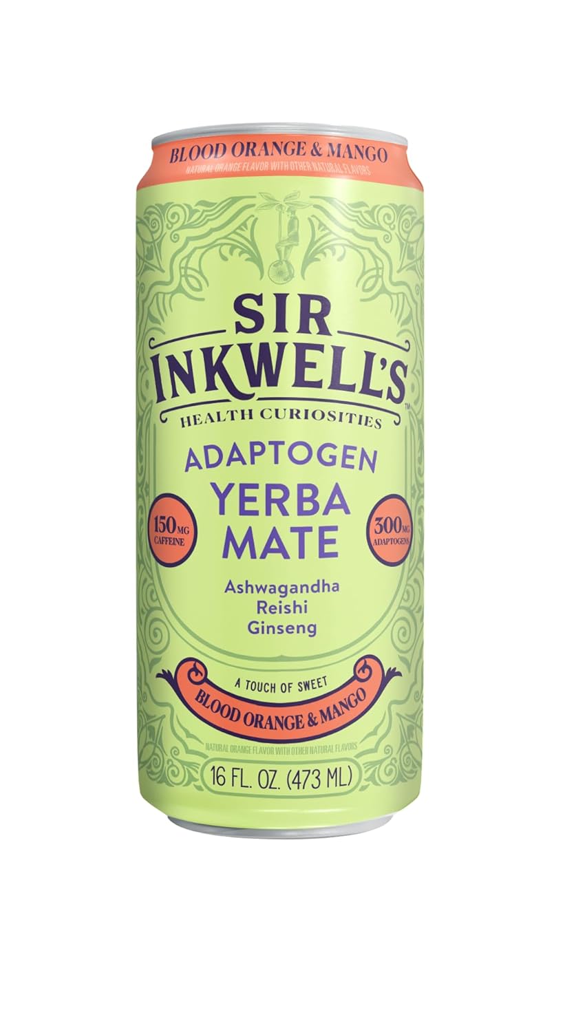SIR INKWELL'S Adaptogen Yerba Mate | Healthful Energy + Productivity 150 mg Organic Caffeine | 300mg Ashwagandha Reishi Ginseng | Non-GMO Certified | Blood Orange & Mango 16oz 12pk