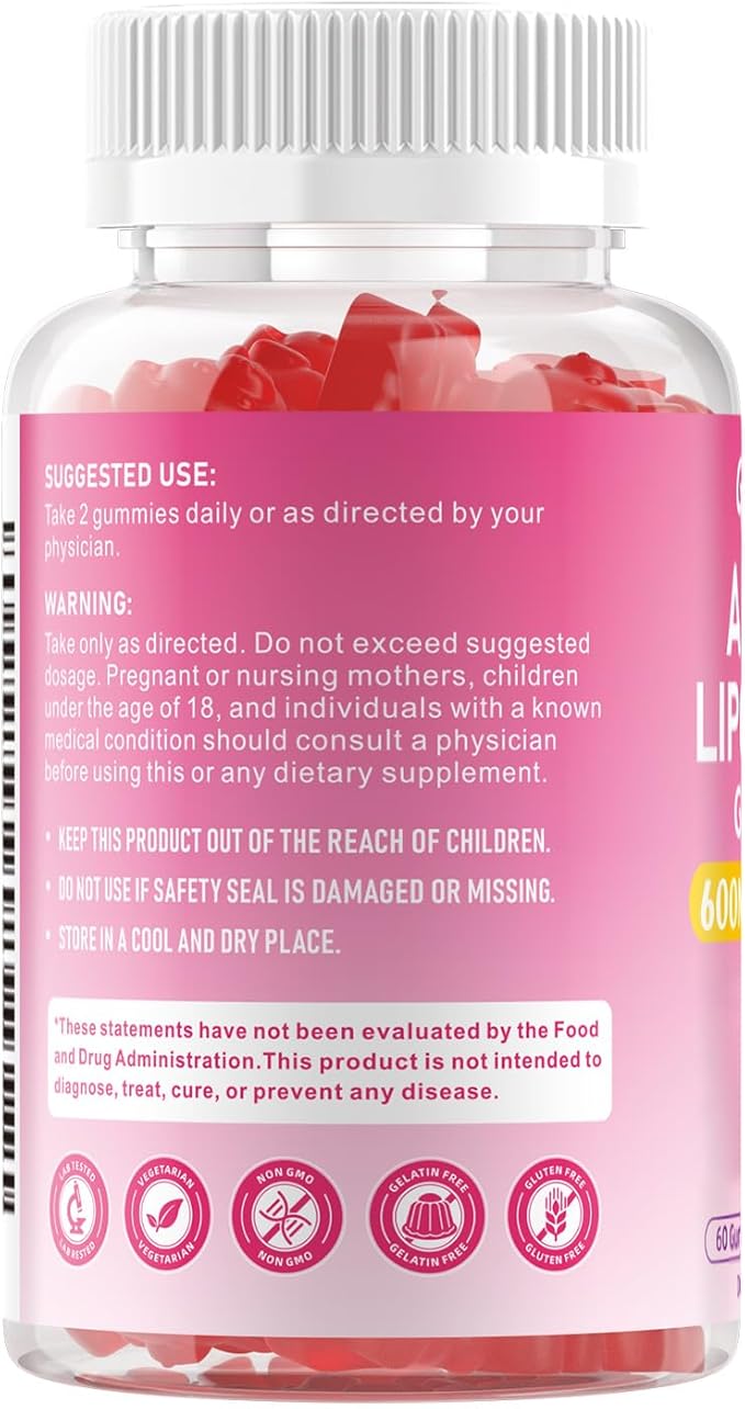 Alpha Lipoic Acid Gummies 600mg, High Absorption Chewable ALA Supplement, Raspberry Flavor, Vegan, Sugar Free, 60 Count