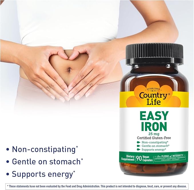 Country Life Easy Iron 25mg Capsules - Gentle Non-Constipating Ferrochel - Vegan Vitamin Supplement for Women & Men - Supports Body Energy